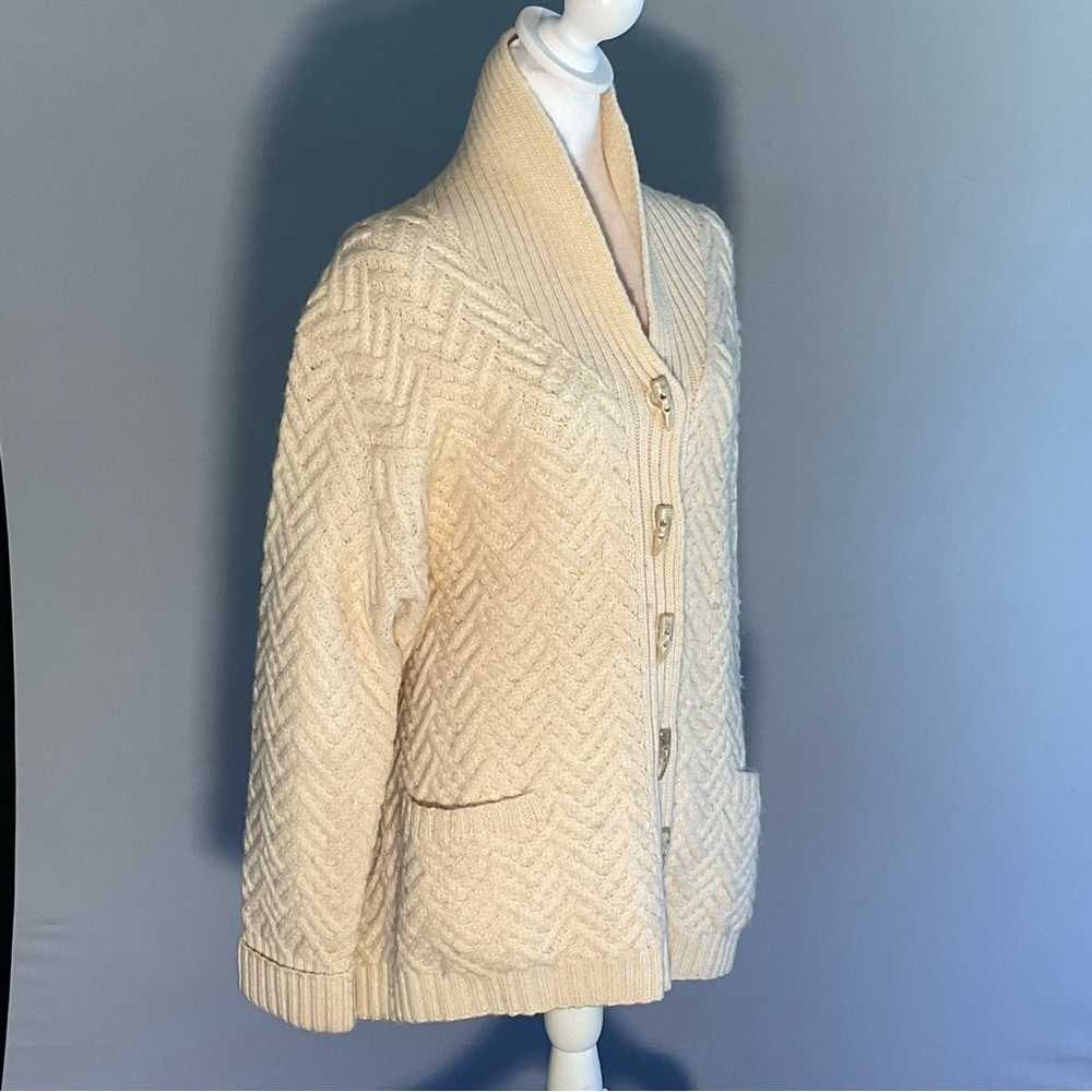 Nordic Design 100% Wool Shawl Collar Cardigan Cream Chunky Knit L - Picture 10 of 14